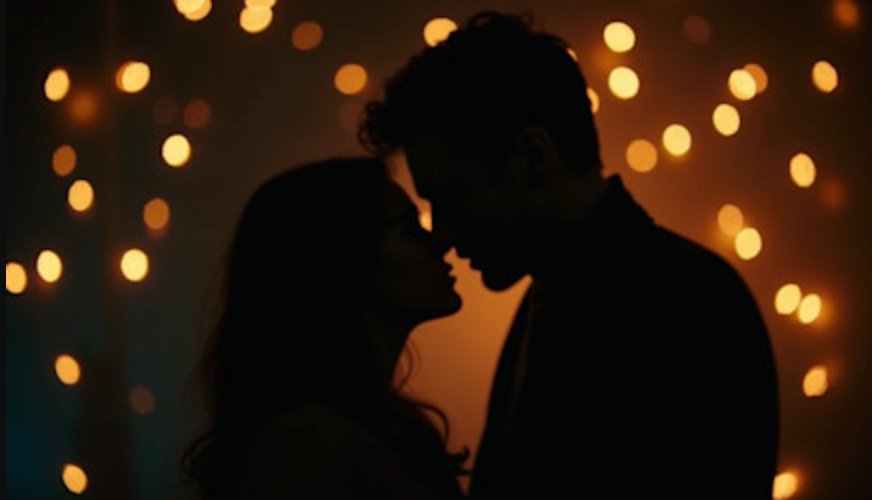 two silhouettes leaning close in front of warm fairy lights